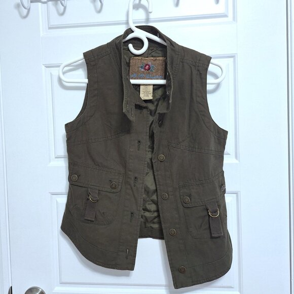 BB Dakota Khaki Quilted Cotton Vest with Detachable Faux Fur Collar Size Small - Picture 9 of 17